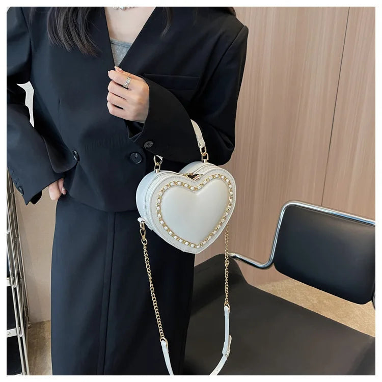 Women’s Red Love Heart-Shaped Shoulder Bag | Fashion Heart Crossbody Bag with Embroidery | Elegant Ladies' Chain Purse & Heart Clutch | Romantic PU Leather Flap Bag Luxegan