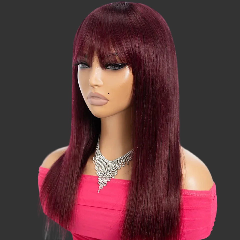Vibrant 99J Burgundy Wine Red Bone Straight Human Hair Wig with Bangs | Glueless Full Machine-Made Brazilian Remy Human Hair Wig | Premium 22-Inch Classic Fringe Straight Wig for Women Luxegan