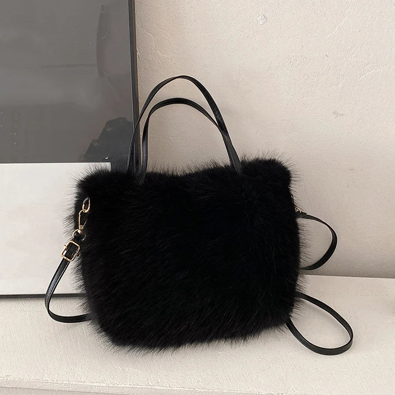 Faux Fur Tote Bag Women's | Bucket Plush Luxury Design Ladies Handbags & Soft Winter Crossbody Shoulder Bags (Bolsa Feminina) Luxegan