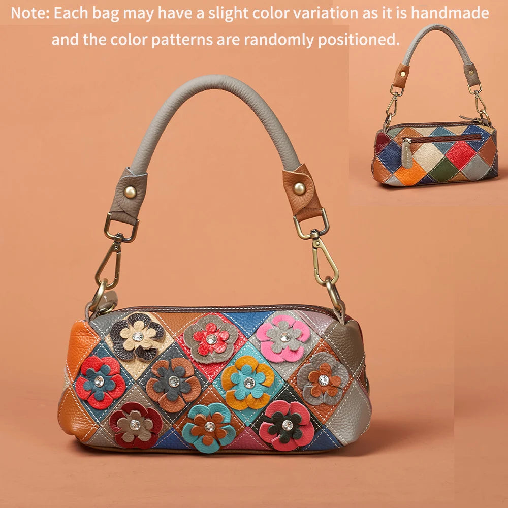 Handmade Genuine Leather Women’s Small Shoulder Bag | Ethnic Floral Patchwork Shell Bag | National Style Genuine Leather Crossbody with 2 Interchangeable Straps Luxegan