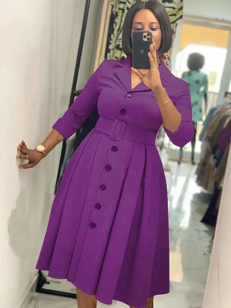 Solid Notched Lapel Long Sleeve Belted Slim Fit Fit-and-Flare Knit Mid-Calf Dress – Empire Waist, All Season Luxegan