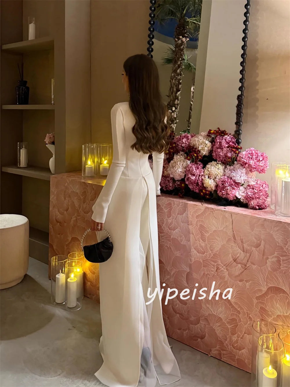 Exquisite Matching Jersey Pleated Evening Gown | High-Collar Ruched Sequined Graduation Dress | Full-Sleeve Floor-Length Straight Sheath Luxegan