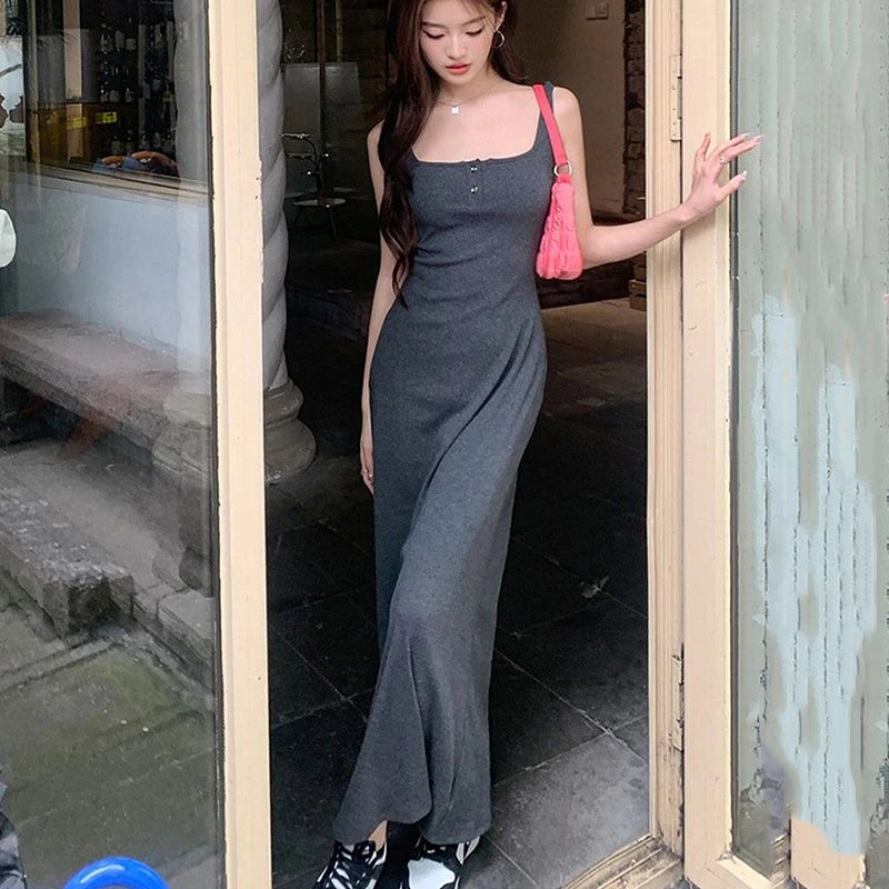 Solid Square Collar Spaghetti Strap Sleeveless Slim Fit A-Line Midi Dress – Natural Waist, Polyester Broadcloth, Summer Luxegan