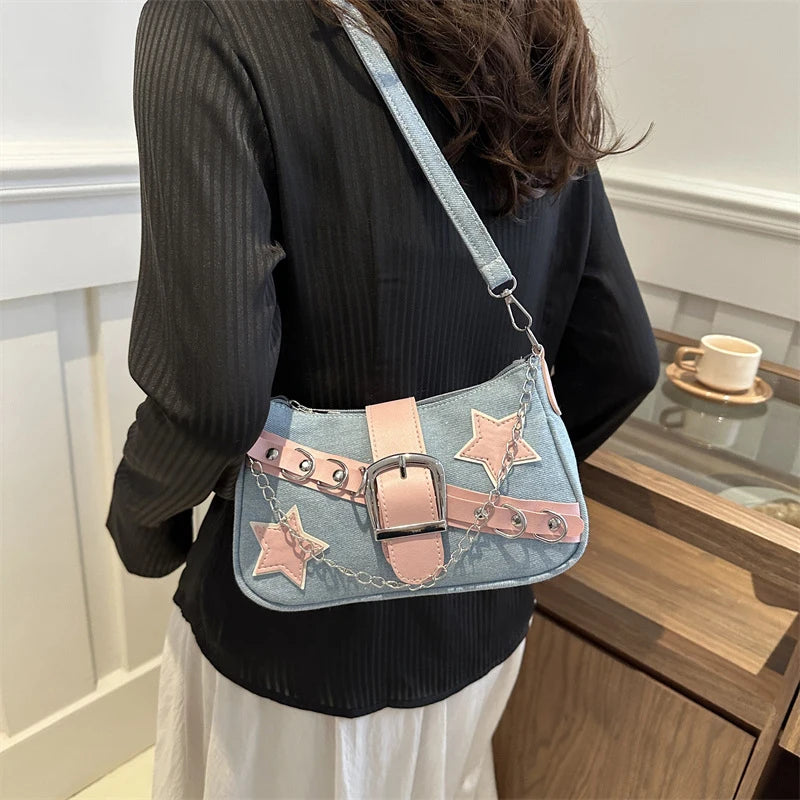 Fashion Women's Handbags Denim Stars Pattern | Cool Girls Underarm Bag Female Small Shoulder Hobo Bags Chain Tote Bag Luxegan