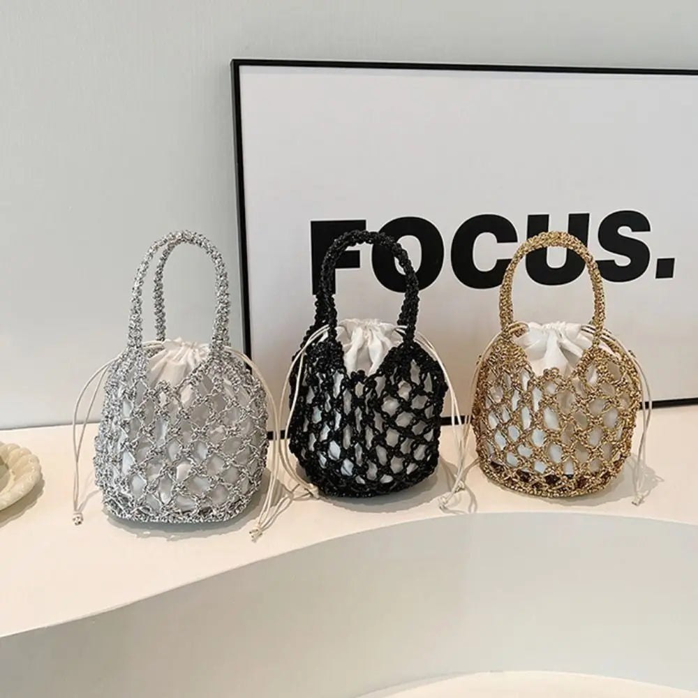 Fashion Luxury Women Woven Handbag Large Capacity Storage Bag | Drawstring Bag Portable Woven Bag Weave Bucket Bag For Girls Luxegan