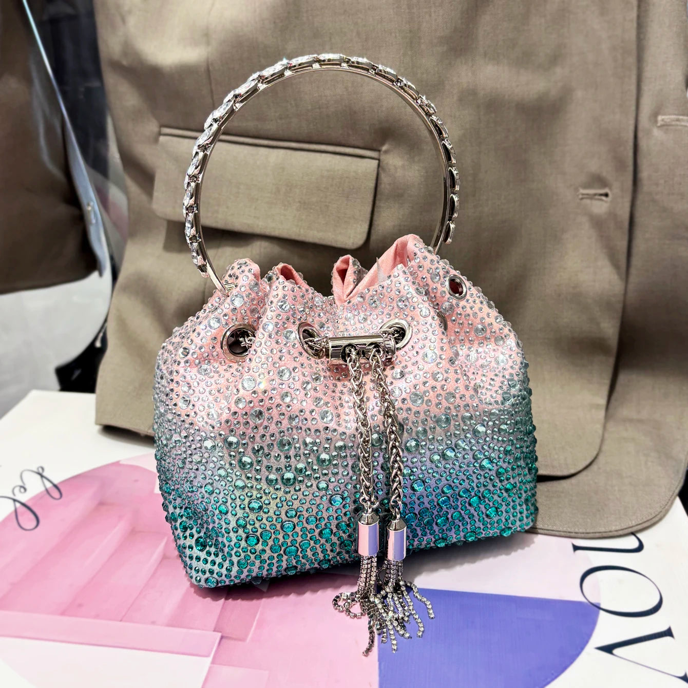 Luxury Designer Rhinestone Evening Clutch | Shiny Crystal Bucket Handbag & Fashion Shoulder Bag Luxegan