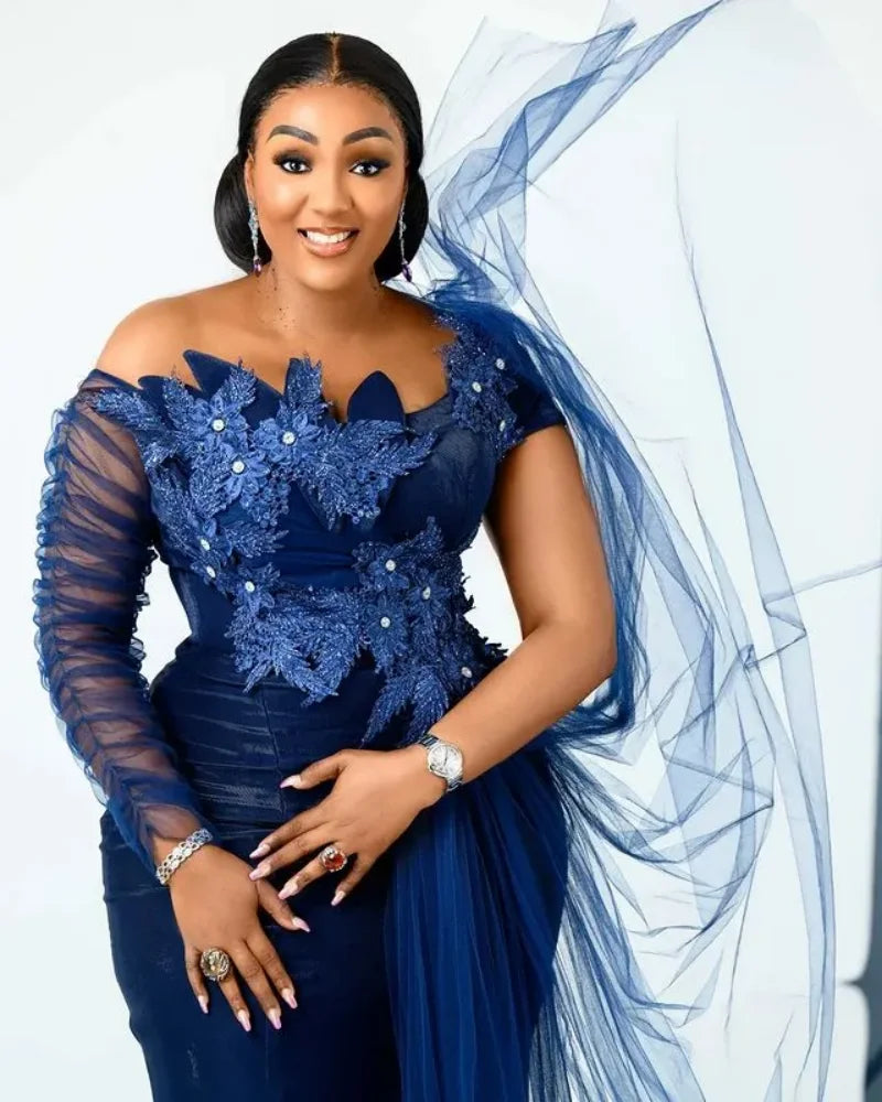 Aso Ebi Arabic Navy Blue Mermaid Evening Dress | Crystals Lace Formal Party Gown | One-Shoulder Full-Sleeve Customized Mother of the Bride Gown Luxegan