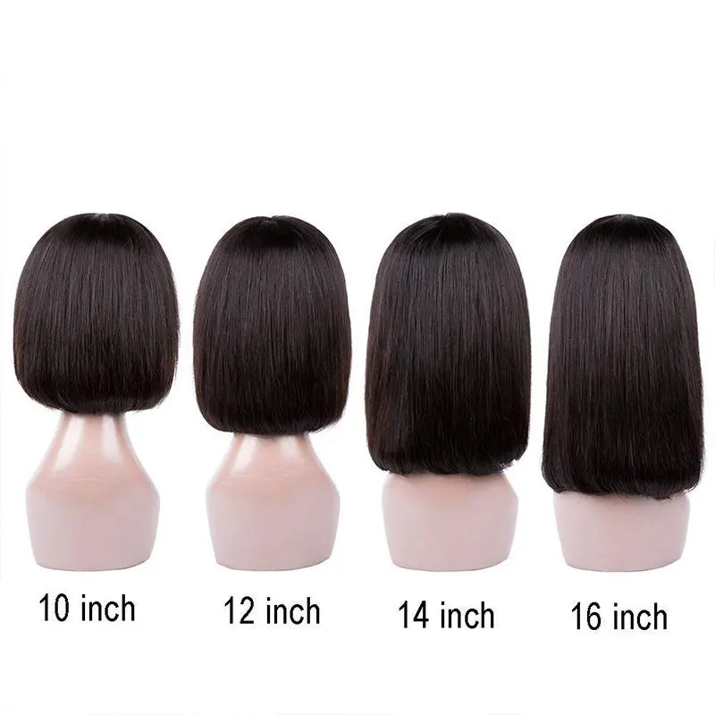 Sleek Straight Short Bob Human Hair Wig with Bangs | 180% Density Fully Machine-Made Glueless Brazilian Remy Human Hair Wig | Classic Fringe Bob for Women (8-16 Inch, Natural Color / #99J Burgundy / #30 Honey Blonde) Luxegan