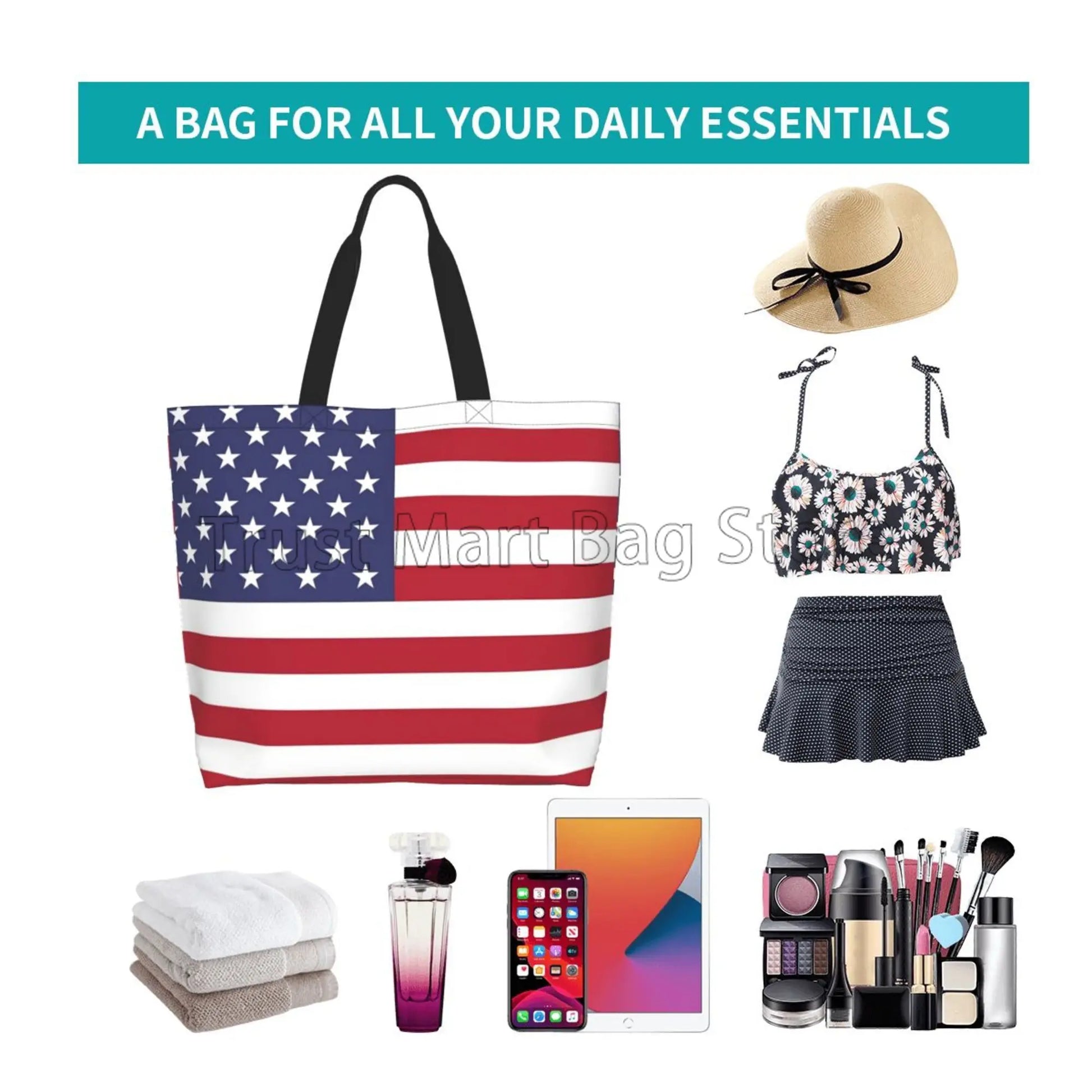 American USA Flag Canvas Tote Bag | Large Women Casual Shoulder Bag Handbag | Reusable Multipurpose Shopping Grocery Bag for Outdoor Luxegan