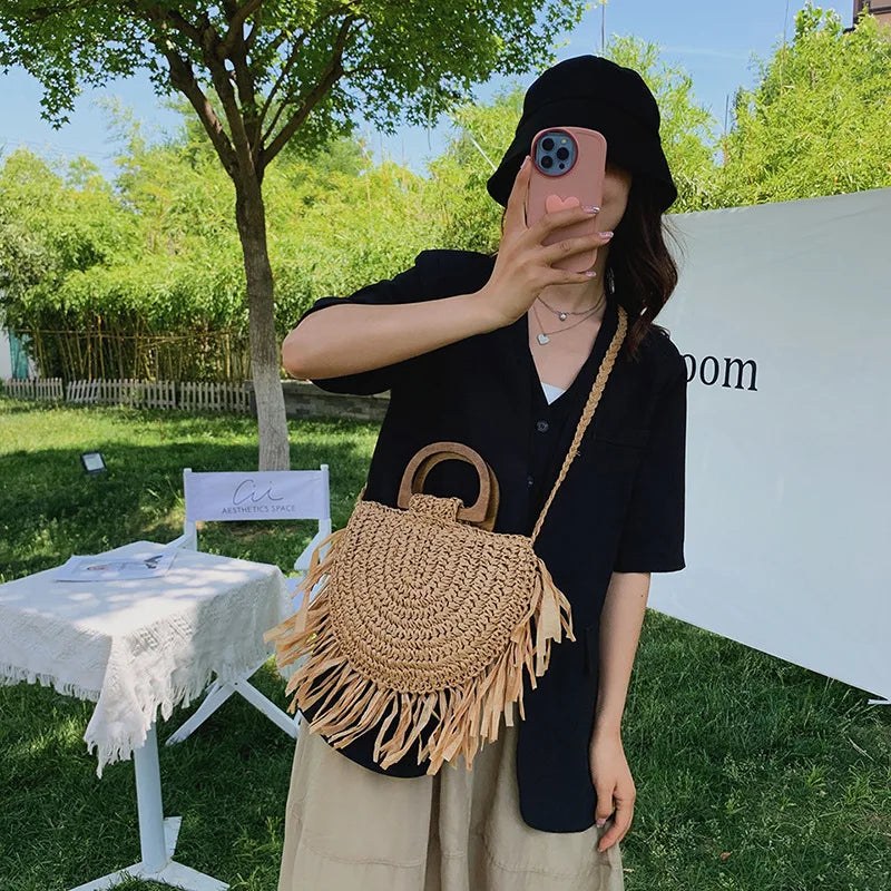 Handmade Semicircle Straw Bag | Sophisticated Woven Bohemian Crossbody | Elegant Holiday Beach Basket | Luxury "Dignified" Casual Shopping Tote with Tassel Decoration Luxegan