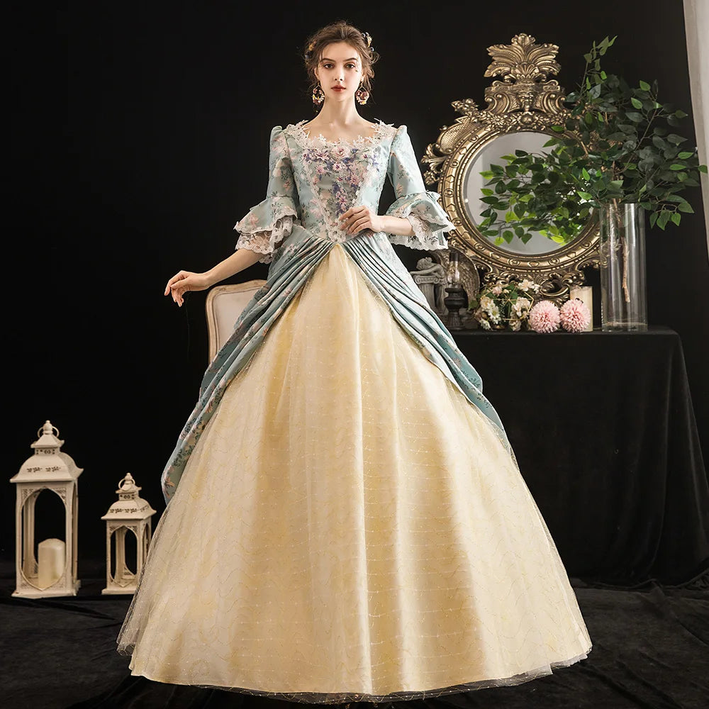 Victorian Renaissance Ball Gown – Square Neck, Flare Sleeve, Floor-Length, Empire Waist