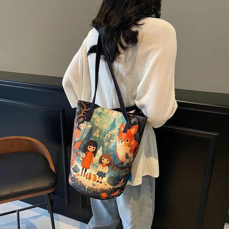 Trendy Leopard Print Illustration Splicing Bucket Bag | New Large-Capacity Canvas Shoulder Handbag for Women Luxegan