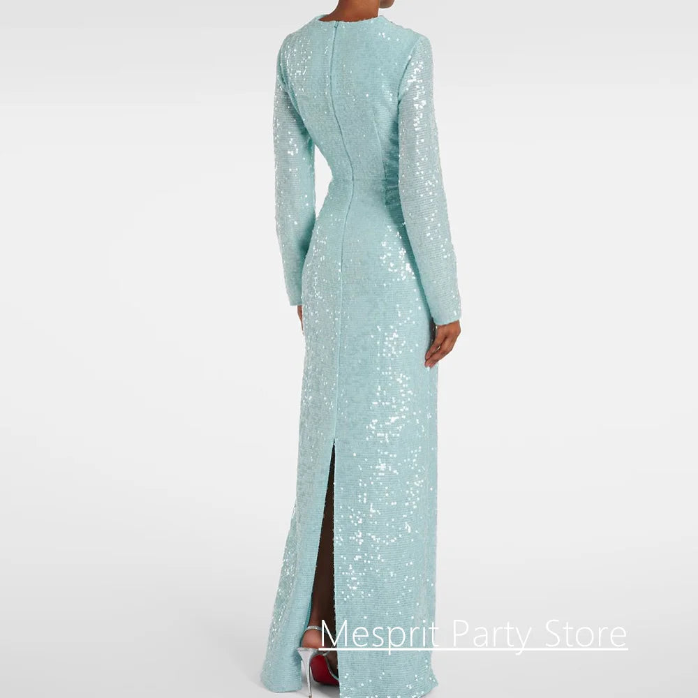Shinny Sequined Prom Dress Customized Round Neck Long Sleeves Foor Length Simple Party Dresses Saudi Arabian Evening Gown