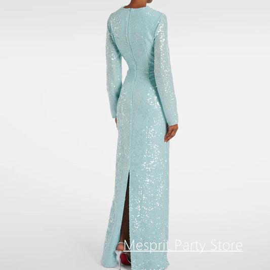 Vestido de fiesta de lentejuelas brillantes, cuello redondo, manga larga, hasta el suelo, vestidos de fiesta sencillos, vestido de noche de Arabia Saudita