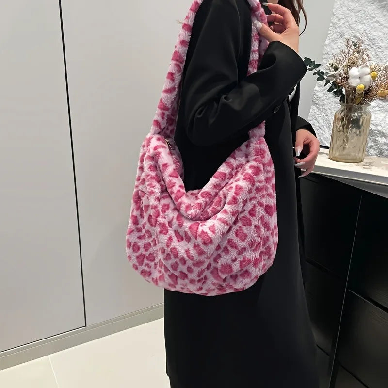 Cute Japanese Plush Fur Commuter Shoulder Tote Bag | Large Capacity Leopard & Polka Dot Pattern Flannel Handbag for Women Luxegan