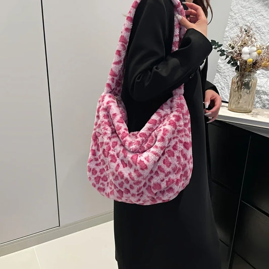 Cute Japanese Plush Fur Commuter Shoulder Tote Bag | Large Capacity Leopard & Polka Dot Pattern Flannel Handbag for Women Luxegan