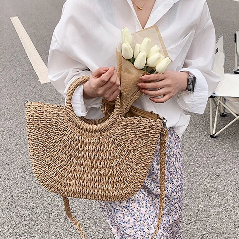 Straw Woven Handbags For Women | Handmade Travel Seaside Beach Bag | Summer New Handle Bucket Bag Shopping Tote Bag Basket Luxegan