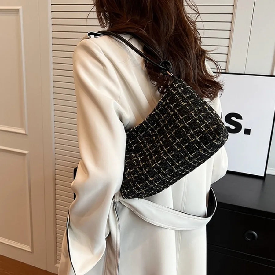 Hobos Luxury Designer Soft Woolen Plaid Underarm Bag | Korean Style New Crossbody Purse with Appliques for Party Luxegan