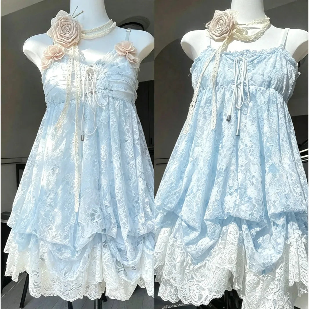 Women's Y2k Lolita Cute Mini Dress | Spicy Girls Floral Style Lace-Up Summer Dress | Elegant Square Collar Ruffle Slim Fit Vestido | Premium Tatting Regular Fit A-Line Dress Model QZ6007 Luxegan