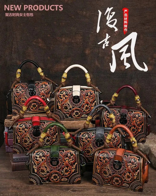 New Embossed Shoulder Bag For Women's | Vintage Handmade Handbag Female PU Leather Big Capacity Crossbody Bags Purse Luxegan