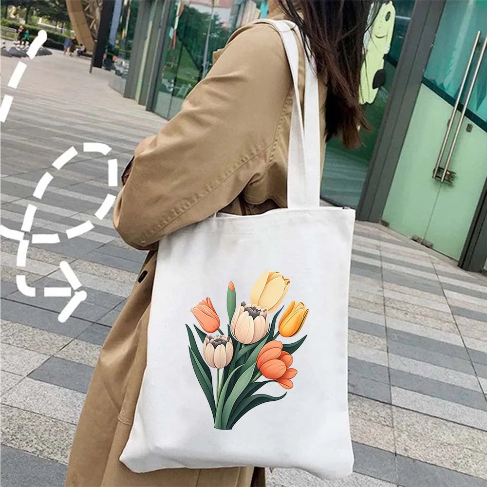 Succulove Floral Cotton Tote Bag | Large Capacity Handbag with Tulips, Hydrangeas, Sunflowers & More (Casual Shoulder Shopper, Eco-Friendly) Luxegan
