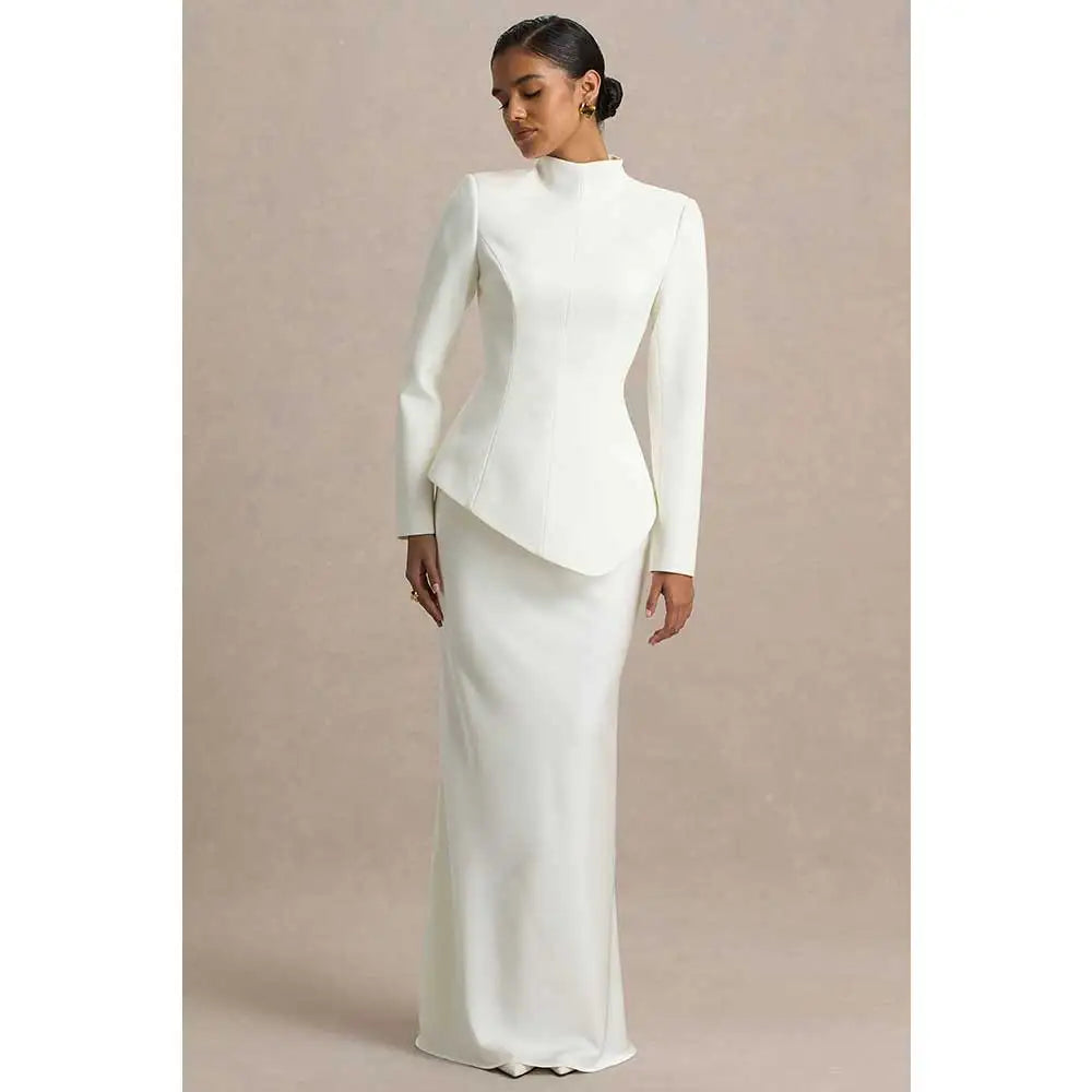 YUNLAN Gorgeous Saudi Arabian Ivory High Neck Custom Satin Wedding Dress 2025 Muslim Women's Formal Party Black Long Sleeve Gown