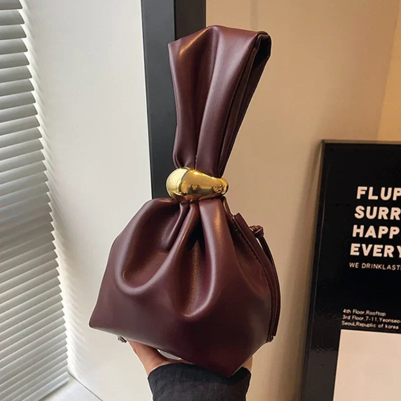 Personalized Soft Leather Clutch Bag | Sophisticated Luxury Designer Pleated Pouch | Elegant Mini Bucket Evening Bag | "Dignified" Soft PU Side-Zipper Purse for Versatile Party Styling Luxegan