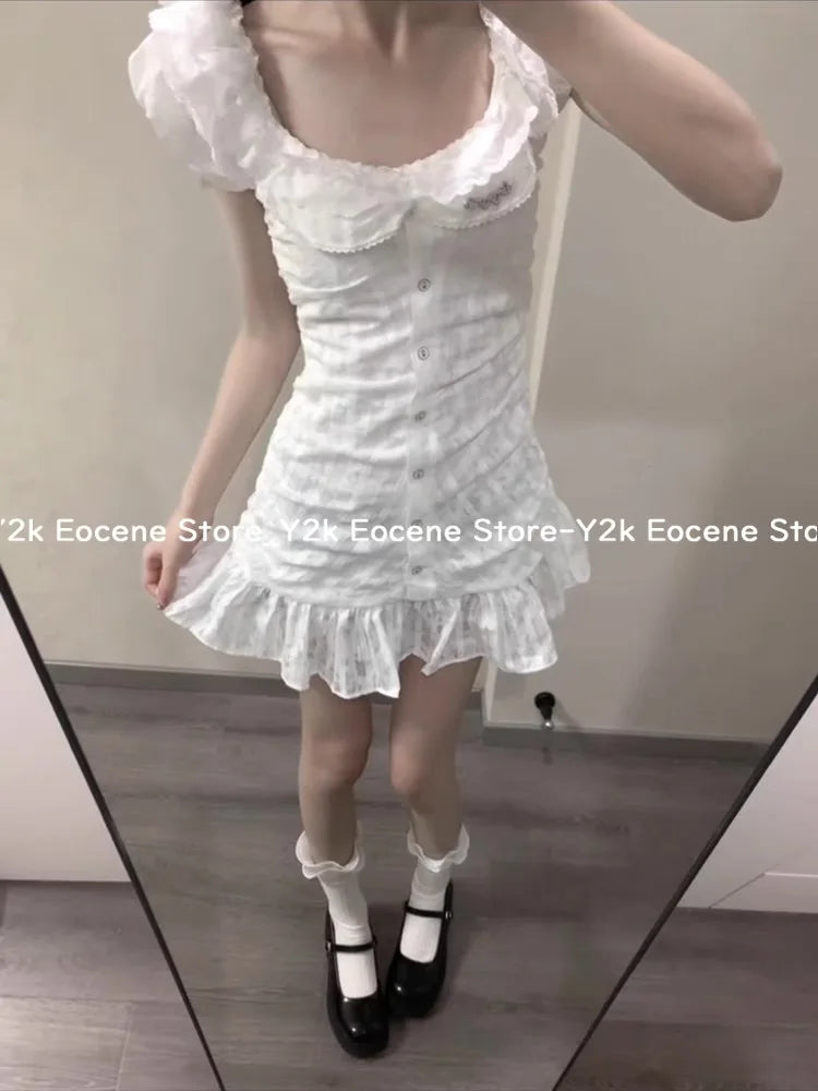 Sweet Lace Off-Shoulder Mini Dress | Elegant Ruched White College-Style Sundress | Spring/Summer Slight Stretch A-Line Camisole Luxegan