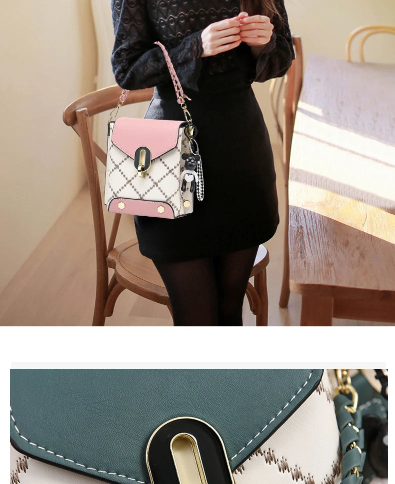 Mini Studded Decor Crossbody Bag | Argyle Embroidery Mobile Phone Purse & Trendy Chain Handbag for Women Luxegan