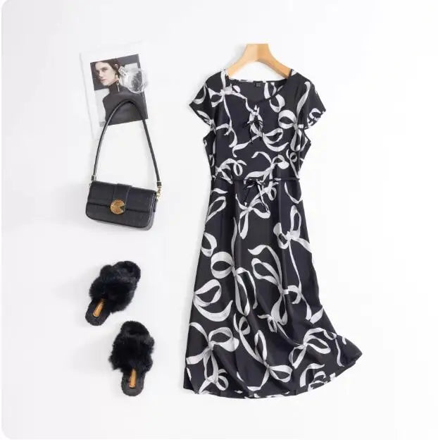 Print Round Neck Flare Sleeve Loose Straight Midi Dress – Mulberry Silk, Summer