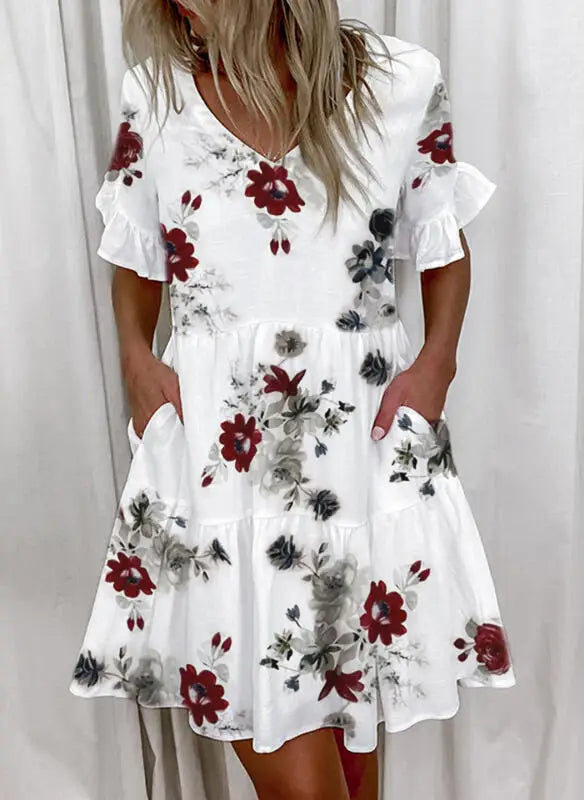 Plaid & Print V-Neck Butterfly Sleeve Regular Fit A-Line Mini Dress – Natural Waist, Spring/Summer Luxegan