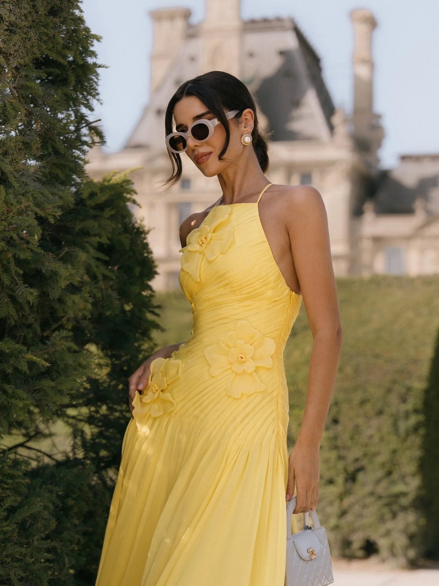 Women's Halter Neck Evening Dress | Handmade Pleated Yellow Chiffon Gown | Elegant A-Line Floor-Length Prom Dress | Premium Sleeveless Formal Occasion Robe Model sxy25091208
