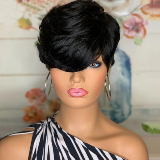 Silky Straight Short Pixie Bob Cut Wig with Bangs - 180% Density Full Machine-Made Glueless Human Hair Wig - 100% Brazilian Remy Natural Color Fringe Wig for Women (Short Length) Luxegan