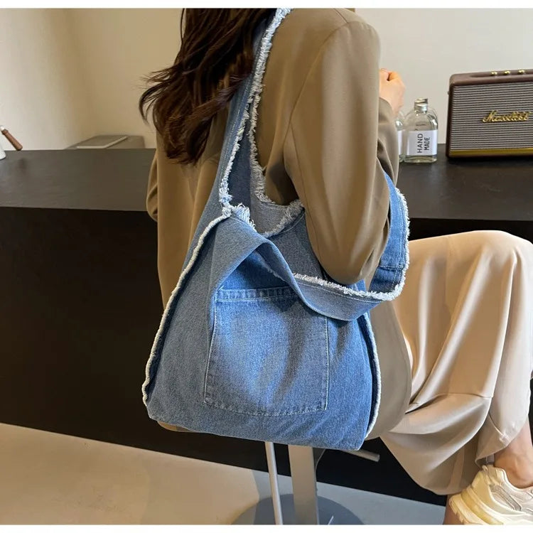 Custom Logo Printing Denim Tote Bag | High-Quality Student Style Leisure Handbag | Unisex Cartoon Pattern Canvas-Lined Crossbody Bag (Model 3138) Luxegan