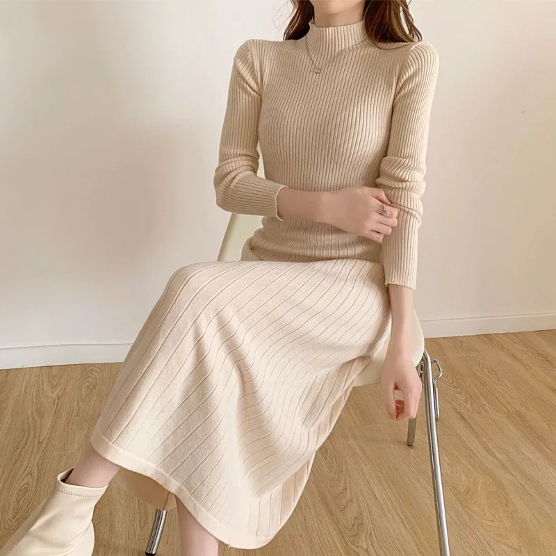 Autumn Winter Slim Knitted Midi Dress | Sophisticated Half-High Collar Sweater Dress | Elegant "Tatting Weave" Silhouette | "Dignified" Empire Waist Party Dress for Radiant Versatile Styling Luxegan