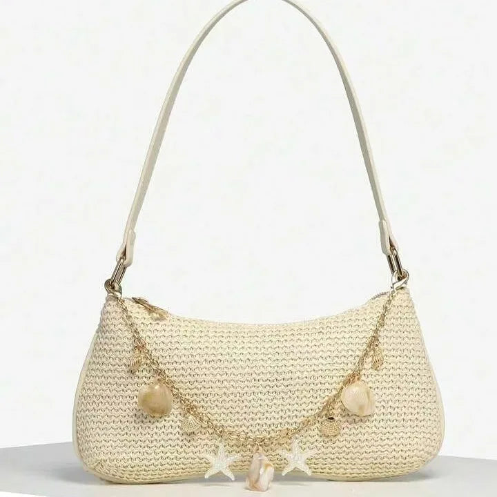 Woven Underarm Straw Bag | Sophisticated "Baguette" Silhouette | Elegant Pearl & Chain Decoration | "Dignified" High-Performance Straw Weaving Essential for Radiant Versatile Styling Luxegan
