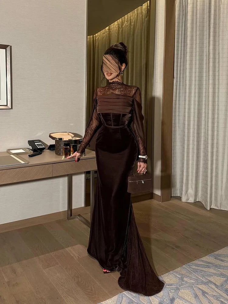 Charming Brown Velour Mermaid Prom Dress | Simple High-Neck Lace Pleated Evening Gown | Full-Sleeve Floor-Length Custom Gala Dress Luxegan