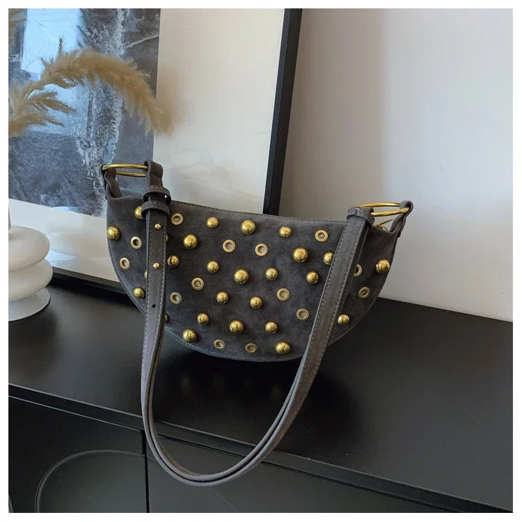 Women's Fashionable Faux Suede Armpit Bag | Versatile Stylish Design Crossbody Purse | High-Quality Solid Color Casual Tote | Retro Rivet Shoulder Bag with Zipper Closure Luxegan
