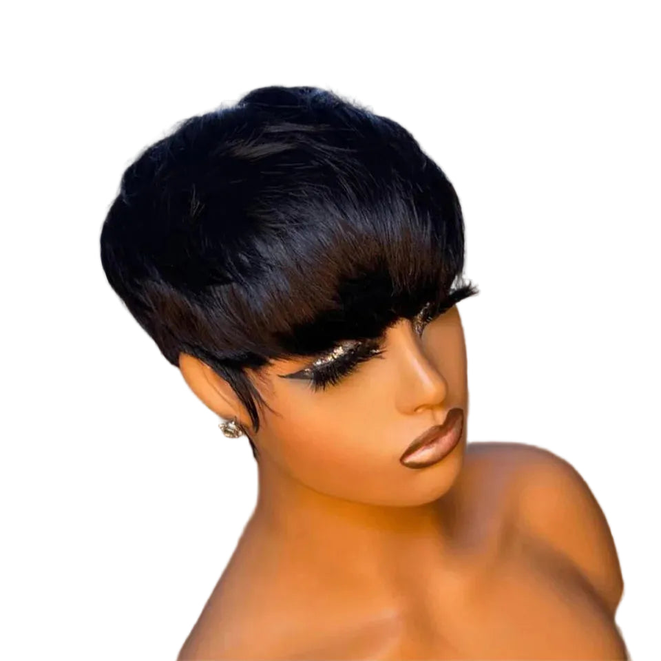 Short Straight Bob Pixie Cut Human Hair Wig with Bangs - 150% & 180% Density Glueless Non-Lace & 13x4 Transparent Lace Frontal Wig - 100% Brazilian Virgin Remy Hair Natural Black Fringe Wig for Women (Dyeable All Colors) Luxegan