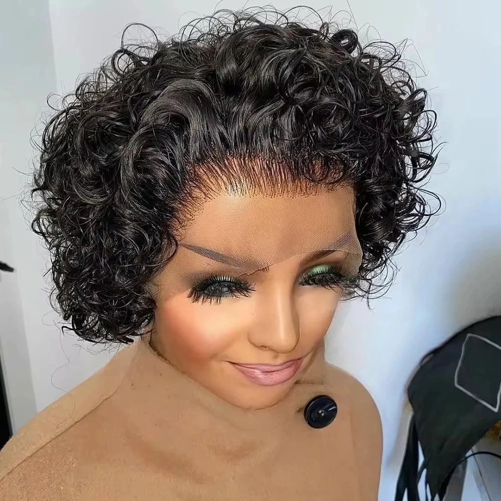 Short Curly Pixie Cut Transparent Lace Frontal Human Hair Wig - 13x4 Frontal & 13x1 T-Part Glueless Wig - 100% Brazilian Remy Human Hair #1B Natural Black Pre-Plucked Wig for Black Women (Fast Express Shipping) Luxegan