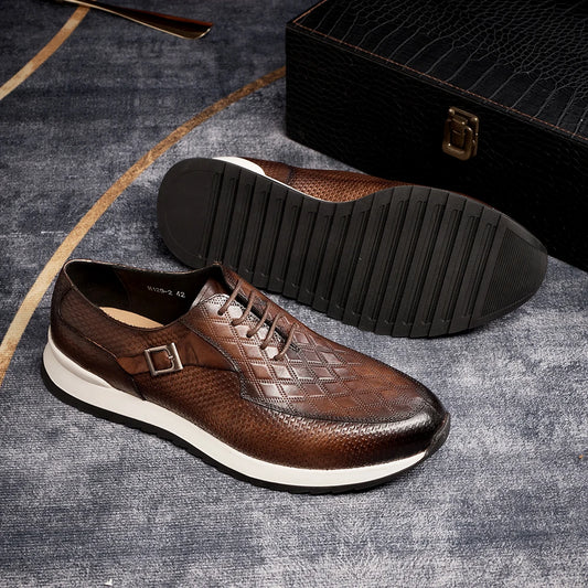 Classic Metal Buckle Men's Sneakers | Sophisticated First Layer Cowhide Casual Footwear | Elegant "T-Tied" Silhouette | "Dignified" Height-Increasing Leather Shoes for Radiant Versatile Office & Party Styling Luxegan