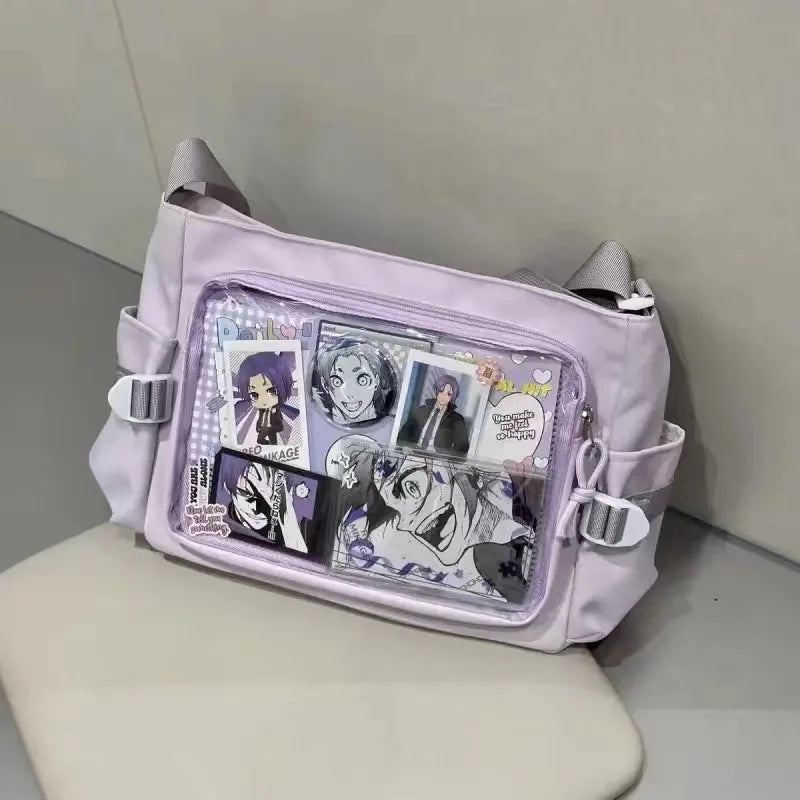 New Japan Style Transparent Display Shoulder Bag | Anime Expo DIY Decoration Crossbody | Casual Nylon Ita Bag Tote | Versatile Women's Postcard Display Messenger Bag Luxegan