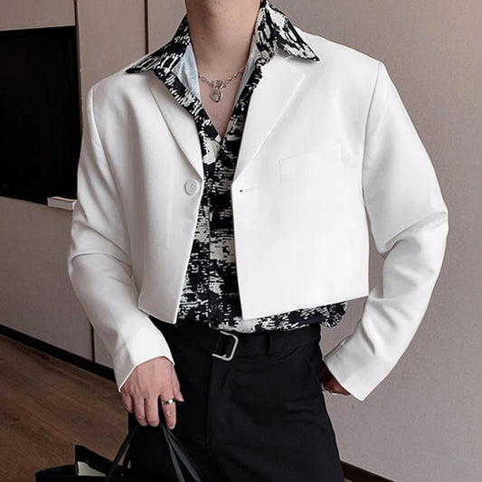 Men's Solid Color Lapel Crop Blazer | Sophisticated "Streetwear" Short Silhouette | Elegant One-Button Autumn Suit | "Dignified" Full Sleeve Fashion Coat for Radiant Versatile Styling Luxegan