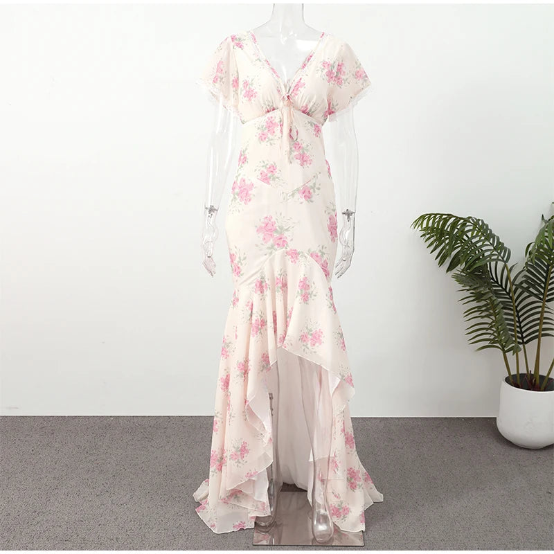 Flutter Sleeves Slim Long Dress Women Casual Pleated Deep V-neck Floral Print High Waist Dresses 2026 Lady Summer Holiday Wear