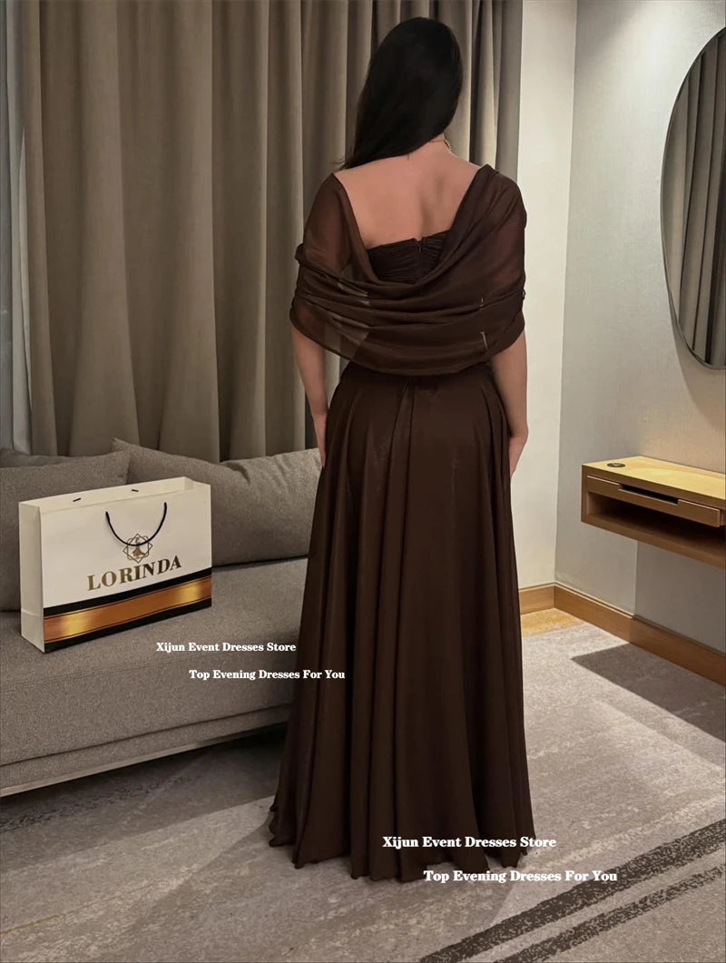 Xijun Elegant Brown Chiffon Evening Dresses Off The Shoulder A-Line Formal Prom Dresses Pleated Saudi Arabia Prom Gown Customize