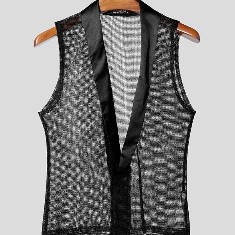 Mesh Hollow Out See-Through Tank Top | Sophisticated V-Neck Sleeveless Silhouette | Elegant "Patchwork" Summer Streetwear | "Dignified" Knitted Black Polyester Top for Radiant Versatile Styling Luxegan