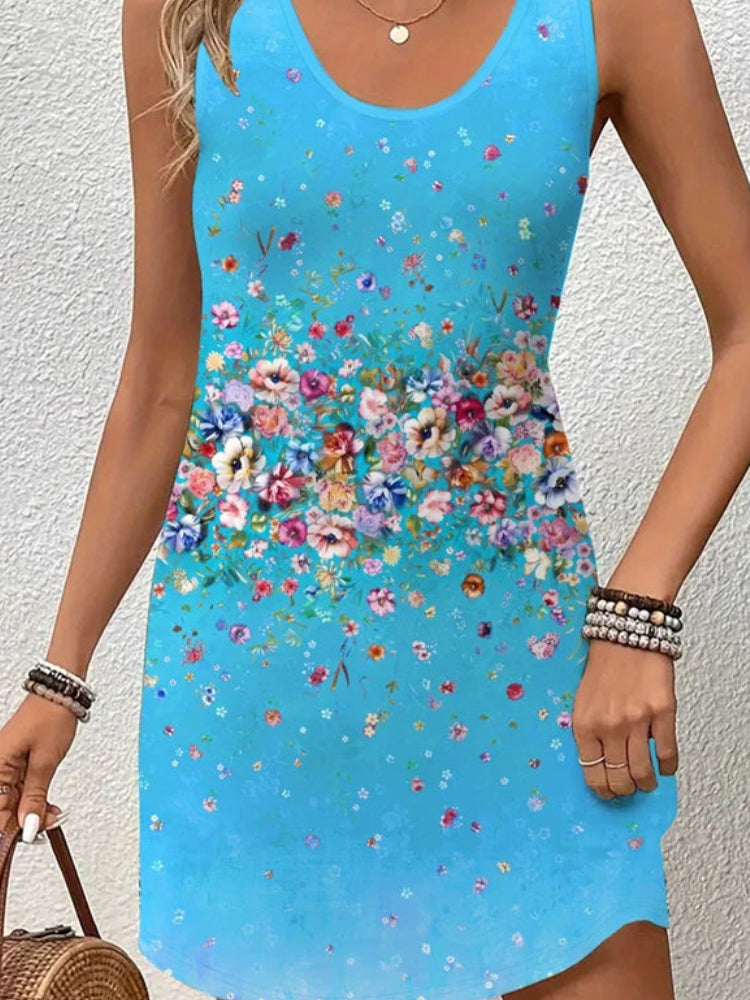 Summer Beach Vacation Dress | Colorful Butterfly & Flowers 3D Print Sundress | Elegant O-Neck Sleeveless Vest Dress | Premium Knit Loose Fit A-Line Mini Robe Model BD83 Luxegan