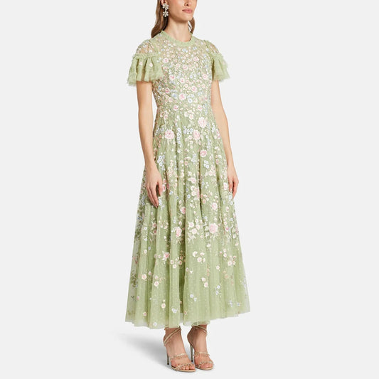 Vestido de noche de tul verde con cuello redondo personalizado, mangas cortas con apliques, vestido de fiesta drapeado, corte A, largo hasta el tobillo para baile de graduación