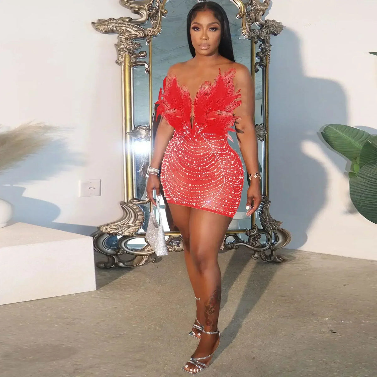 Solid V-Neck Strapless Diamanté Embellished Slim Fit Pencil Mini Dress – Empire Waist, Summer Luxegan