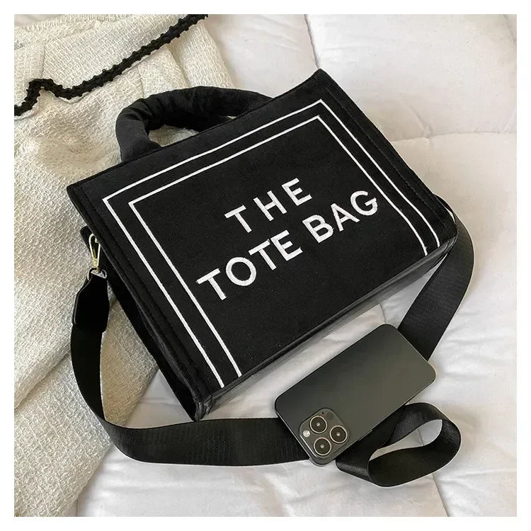Aesthetic Velour Square Tote Bag | Elegant Letter Print Ladies Shoulder Bag | Sophisticated Felt & Velour Crossbody | Women’s Charisma Top-Handle Handbag with Interior Cell Phone Pocket Luxegan
